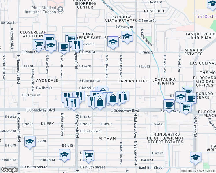 map of restaurants, bars, coffee shops, grocery stores, and more near 5656 East Fairmount Street in Tucson