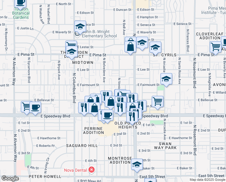 map of restaurants, bars, coffee shops, grocery stores, and more near 1325 North Venice Avenue in Tucson