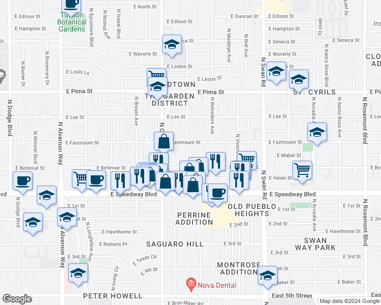 map of restaurants, bars, coffee shops, grocery stores, and more near 1377 North Catalina Avenue in Tucson