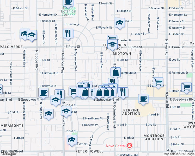 map of restaurants, bars, coffee shops, grocery stores, and more near 4142 East Fairmount Street in Tucson