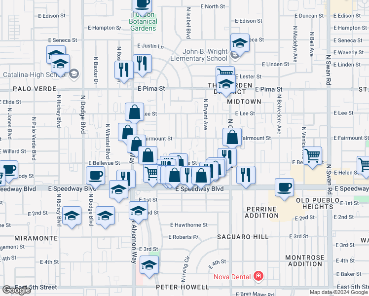 map of restaurants, bars, coffee shops, grocery stores, and more near 4066 East Fairmount Street in Tucson