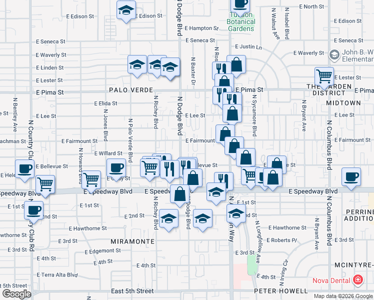 map of restaurants, bars, coffee shops, grocery stores, and more near 3706 East Fairmount Street in Tucson