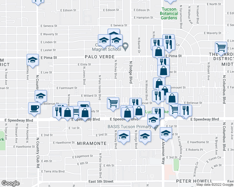 map of restaurants, bars, coffee shops, grocery stores, and more near 1320 North Richey Boulevard in Tucson