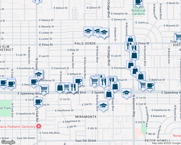 map of restaurants, bars, coffee shops, grocery stores, and more near 3520 East Fairmount Street in Tucson