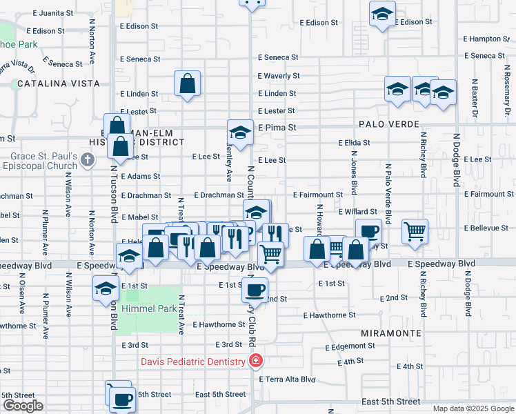 map of restaurants, bars, coffee shops, grocery stores, and more near 3102 East Fairmount Street in Tucson