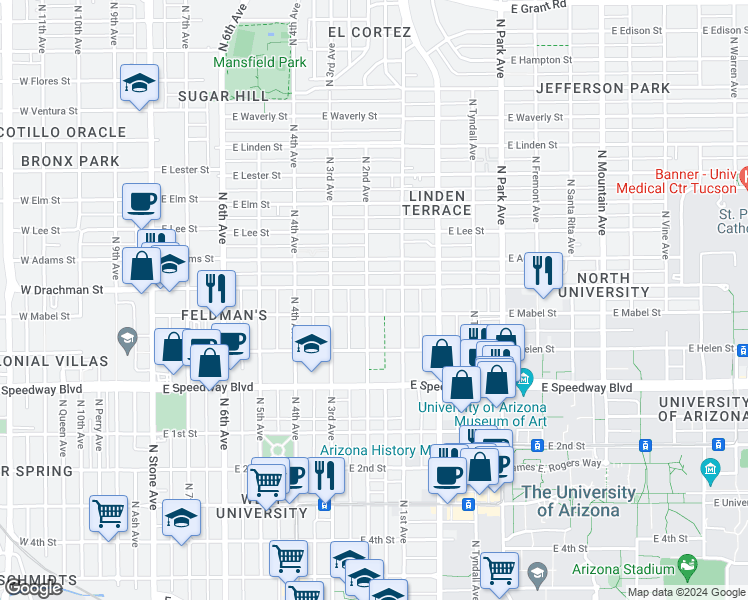 map of restaurants, bars, coffee shops, grocery stores, and more near 1336 North 2nd Avenue in Tucson