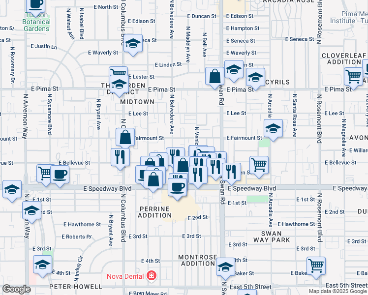 map of restaurants, bars, coffee shops, grocery stores, and more near 4508 East Fairmount Street in Tucson
