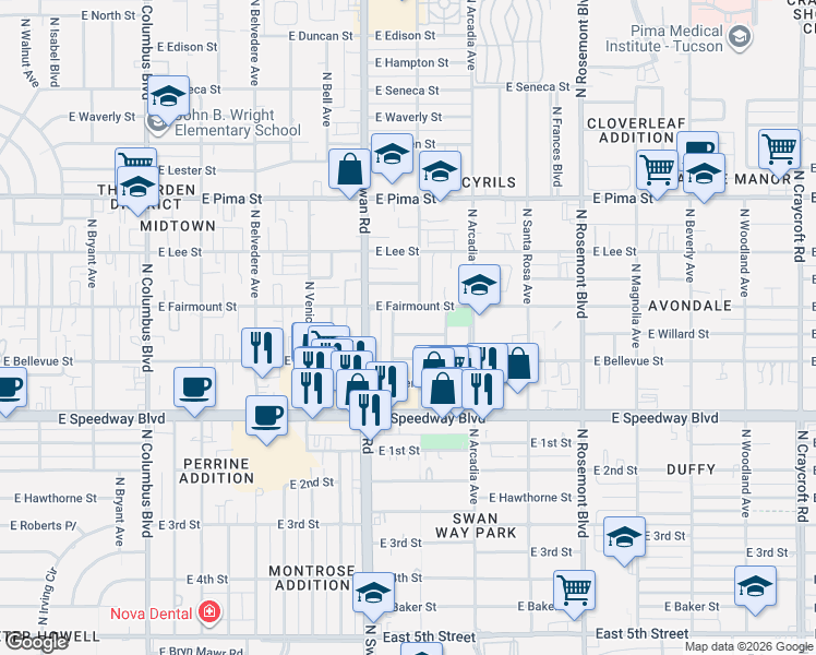 map of restaurants, bars, coffee shops, grocery stores, and more near 4802 East Fairmount Street in Tucson