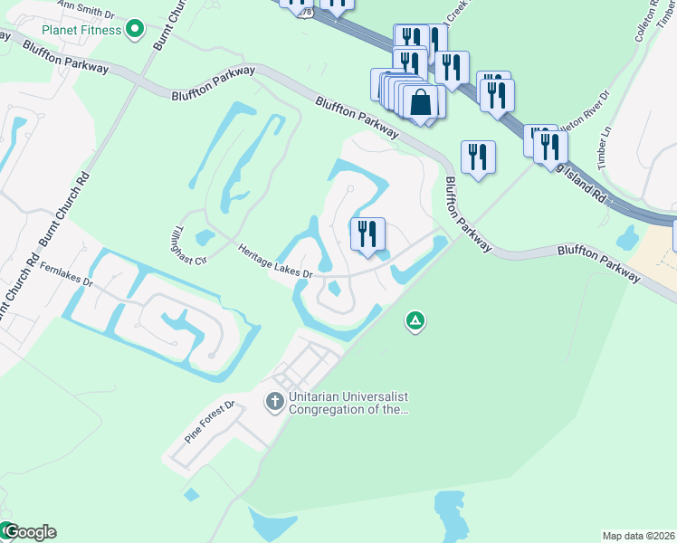 map of restaurants, bars, coffee shops, grocery stores, and more near 105 Besseleiu Court in Bluffton
