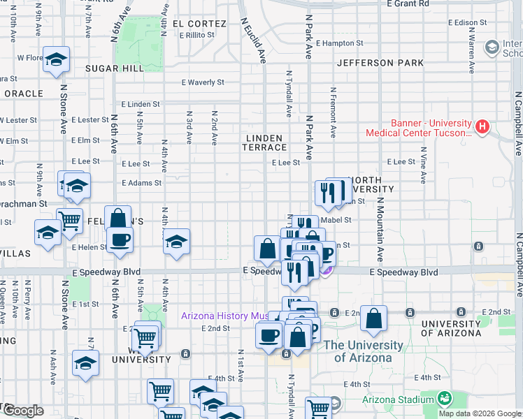 map of restaurants, bars, coffee shops, grocery stores, and more near in Tucson