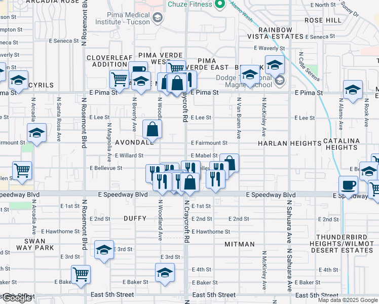 map of restaurants, bars, coffee shops, grocery stores, and more near 1302 North Craycroft Road in Tucson