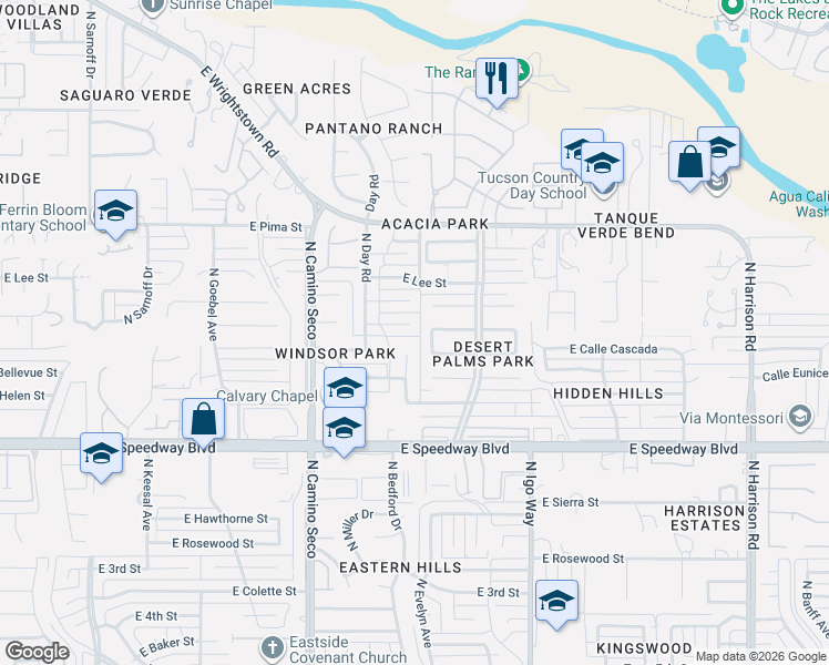 map of restaurants, bars, coffee shops, grocery stores, and more near 8831 East Calle Playa in Tucson