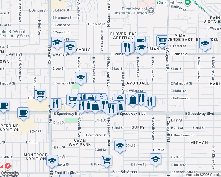 map of restaurants, bars, coffee shops, grocery stores, and more near 1323 North Rosemont Boulevard in Tucson