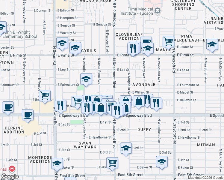map of restaurants, bars, coffee shops, grocery stores, and more near 1323 North Rosemont Boulevard in Tucson