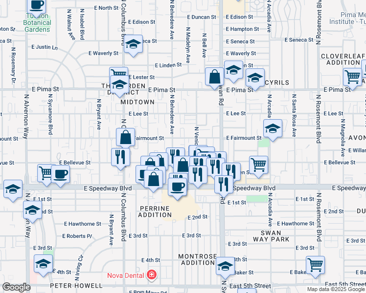 map of restaurants, bars, coffee shops, grocery stores, and more near 4508 East Fairmount Street in Tucson
