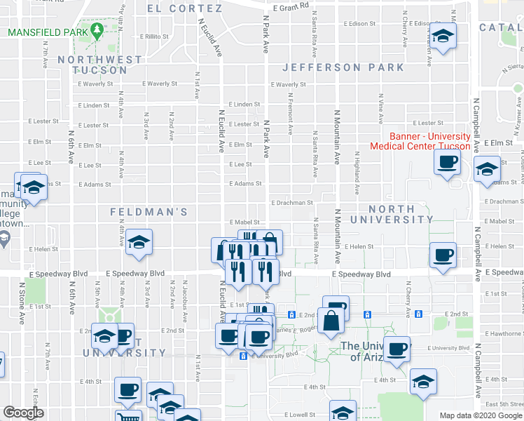 map of restaurants, bars, coffee shops, grocery stores, and more near 1330 North Park Avenue in Tucson