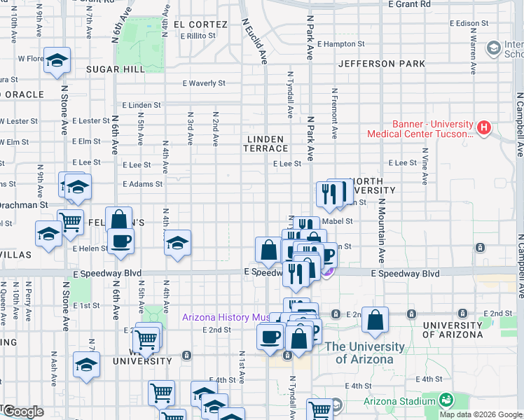 map of restaurants, bars, coffee shops, grocery stores, and more near in Tucson