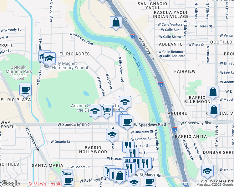 map of restaurants, bars, coffee shops, grocery stores, and more near 1335 North Apache Drive in Tucson