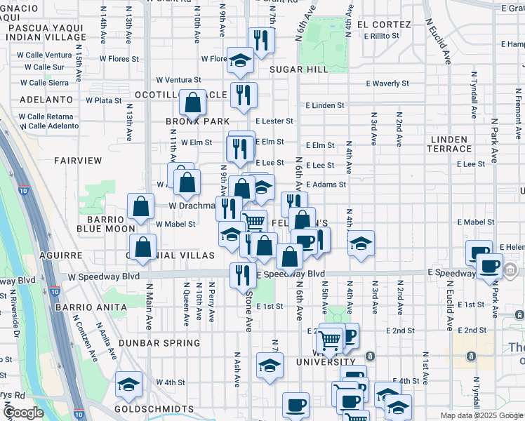 map of restaurants, bars, coffee shops, grocery stores, and more near 1346 N Stone Ave in Tucson