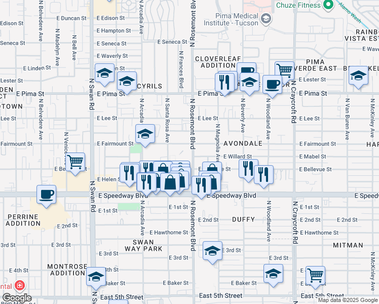 map of restaurants, bars, coffee shops, grocery stores, and more near 1323 North Rosemont Boulevard in Tucson