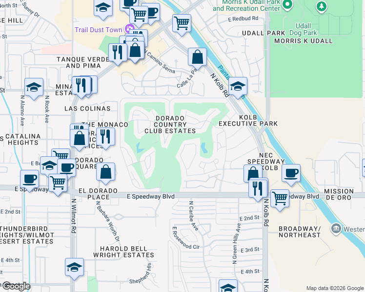 map of restaurants, bars, coffee shops, grocery stores, and more near 1391 North Vía Ronda Oeste in Tucson
