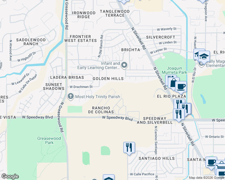 map of restaurants, bars, coffee shops, grocery stores, and more near 1402 North Thunder Ridge Drive in Tucson