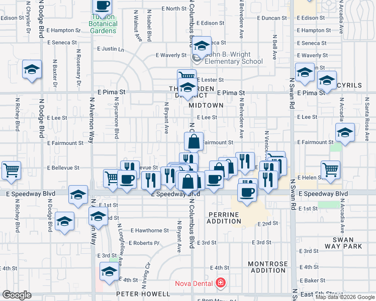 map of restaurants, bars, coffee shops, grocery stores, and more near 1303 North Columbus Boulevard in Tucson