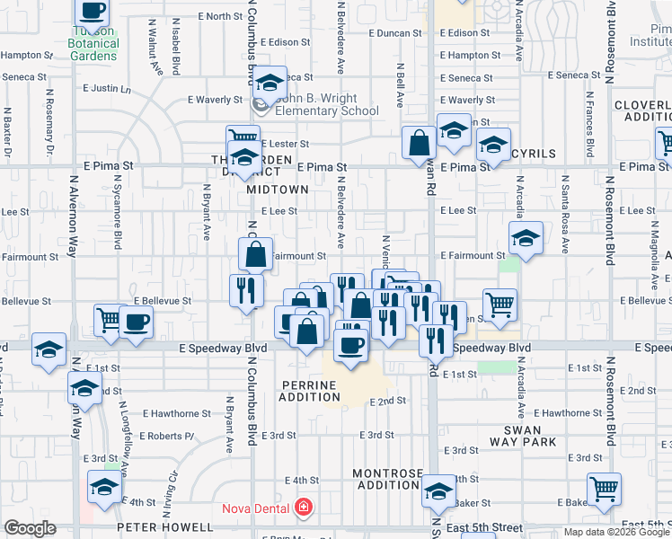 map of restaurants, bars, coffee shops, grocery stores, and more near 4508 East Fairmount Street in Tucson