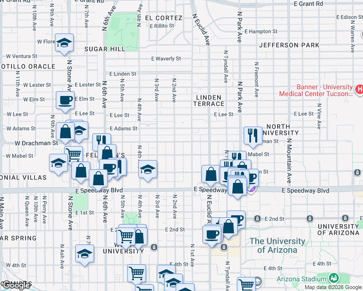 map of restaurants, bars, coffee shops, grocery stores, and more near 1336 North 2nd Avenue in Tucson