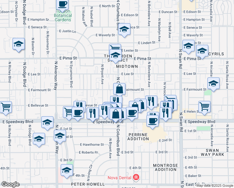 map of restaurants, bars, coffee shops, grocery stores, and more near 1355 North Columbus Boulevard in Tucson