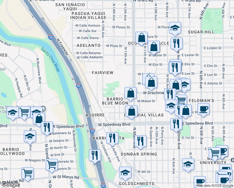 map of restaurants, bars, coffee shops, grocery stores, and more near 1360 North 14th Avenue in Tucson
