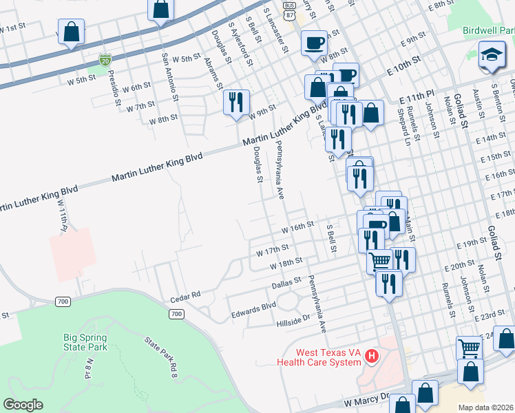 map of restaurants, bars, coffee shops, grocery stores, and more near 1401-1499 Douglas Street in Big Spring