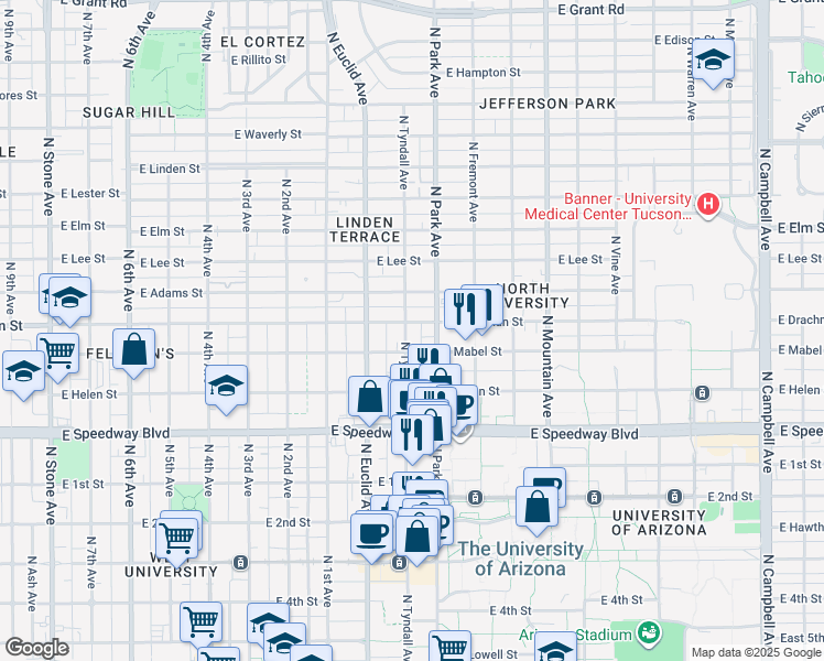 map of restaurants, bars, coffee shops, grocery stores, and more near 1338 North Tyndall Avenue in Tucson