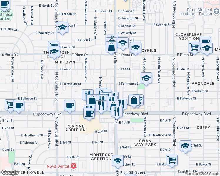 map of restaurants, bars, coffee shops, grocery stores, and more near 1320 North Roberts Way in Tucson
