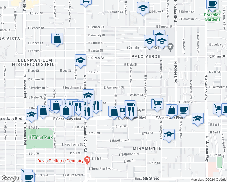 map of restaurants, bars, coffee shops, grocery stores, and more near 3226 East Fairmount Street in Tucson