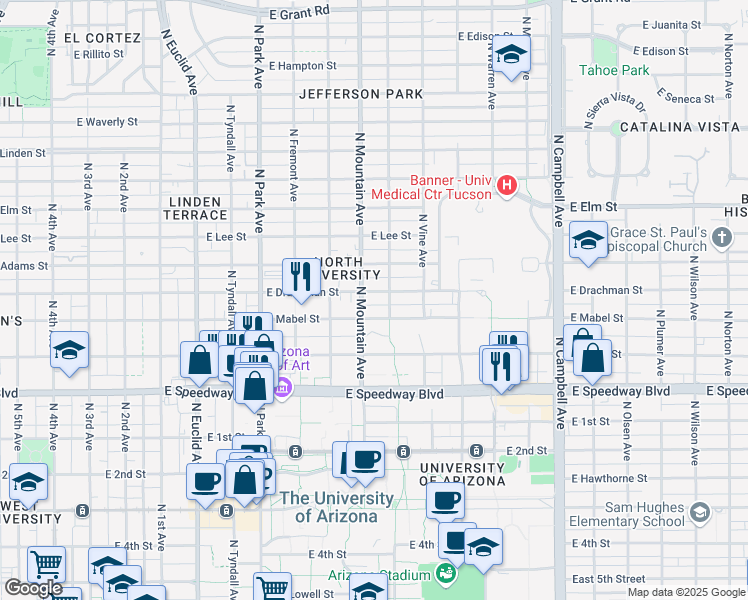 map of restaurants, bars, coffee shops, grocery stores, and more near 1320 East Drachman Street in Tucson