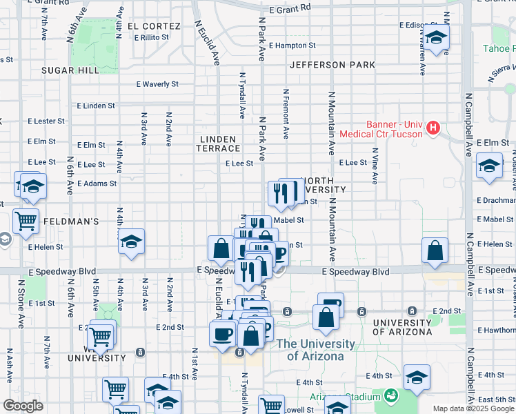 map of restaurants, bars, coffee shops, grocery stores, and more near 1330 North Park Avenue in Tucson