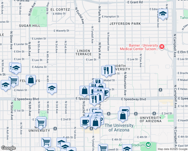 map of restaurants, bars, coffee shops, grocery stores, and more near 1338 North Tyndall Avenue in Tucson
