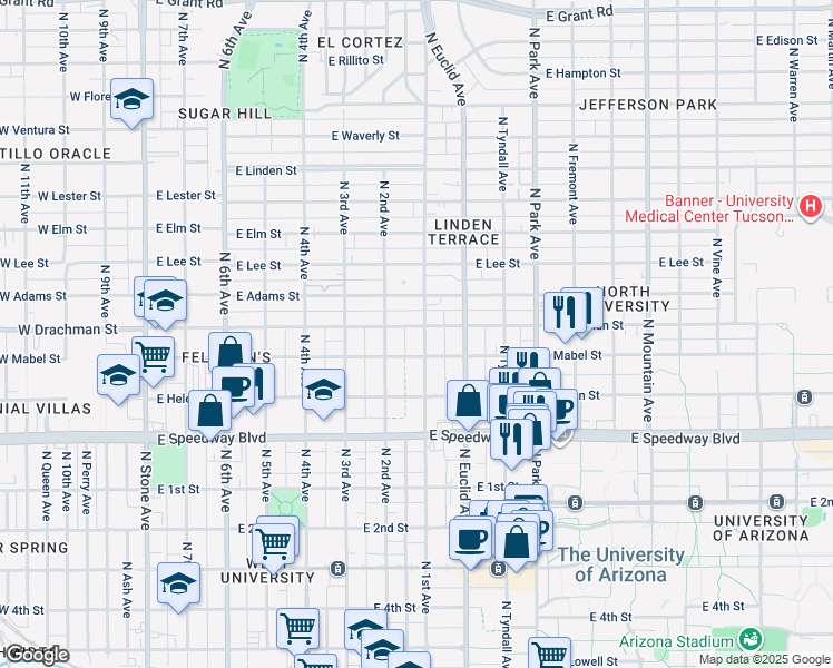 map of restaurants, bars, coffee shops, grocery stores, and more near 1340 North 1st Avenue in Tucson