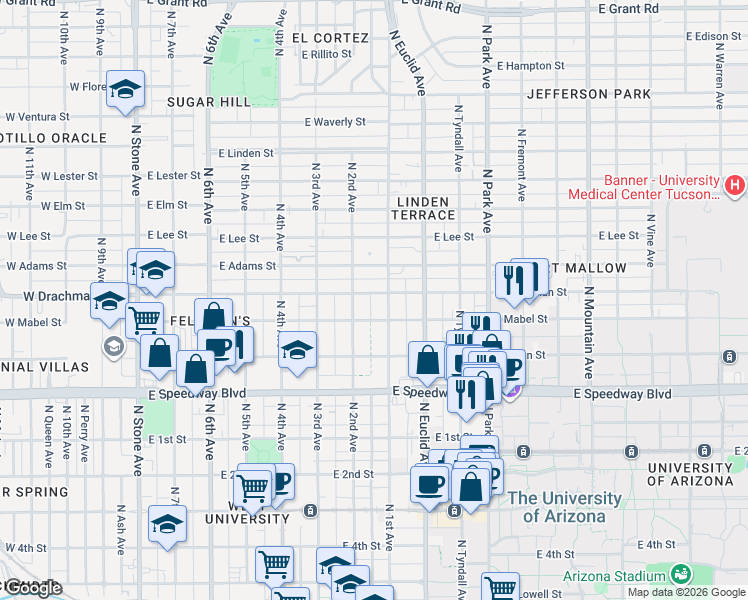 map of restaurants, bars, coffee shops, grocery stores, and more near 1340 North 1st Avenue in Tucson