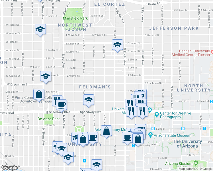 map of restaurants, bars, coffee shops, grocery stores, and more near 1336 North 2nd Avenue in Tucson