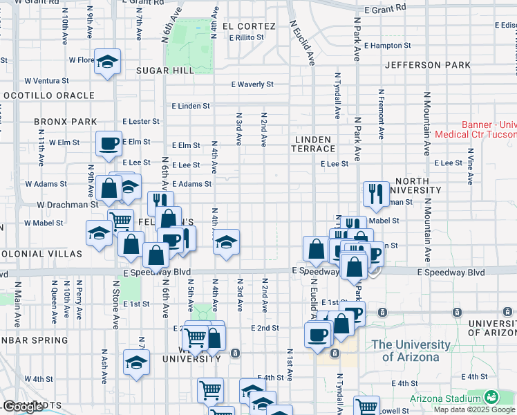 map of restaurants, bars, coffee shops, grocery stores, and more near 1336 North 2nd Avenue in Tucson