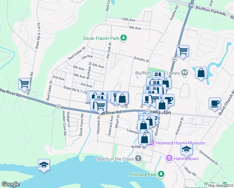 map of restaurants, bars, coffee shops, grocery stores, and more near 2 Quinn Court in Bluffton