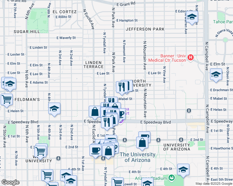 map of restaurants, bars, coffee shops, grocery stores, and more near 1330 North Park Avenue in Tucson