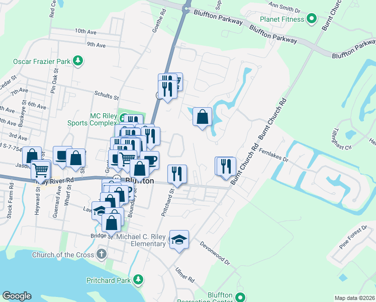 map of restaurants, bars, coffee shops, grocery stores, and more near 28 State Road S-7-713 in Bluffton