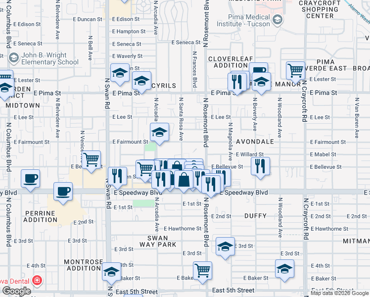 map of restaurants, bars, coffee shops, grocery stores, and more near 1350 North Santa Rosa Avenue in Tucson
