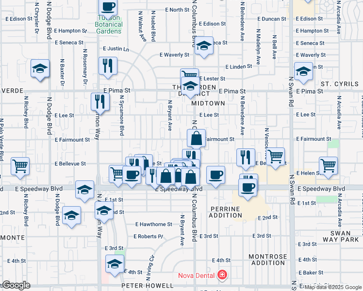 map of restaurants, bars, coffee shops, grocery stores, and more near 4232 East Fairmount Street in Tucson
