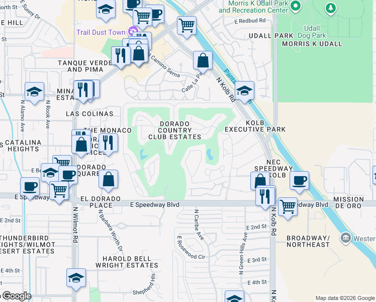 map of restaurants, bars, coffee shops, grocery stores, and more near 1391 North Vía Ronda Oeste in Tucson