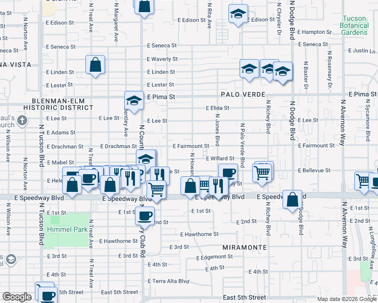 map of restaurants, bars, coffee shops, grocery stores, and more near 1345 North Howard Boulevard in Tucson