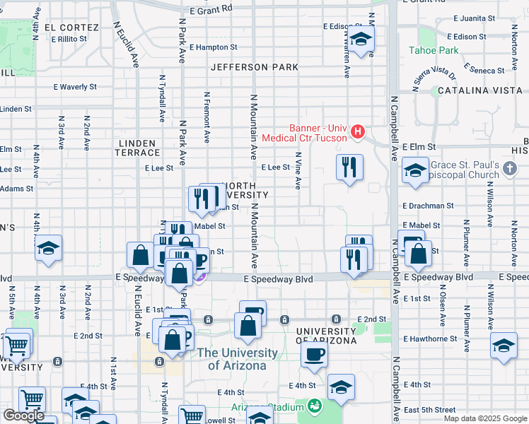 map of restaurants, bars, coffee shops, grocery stores, and more near 1320 East Drachman Street in Tucson